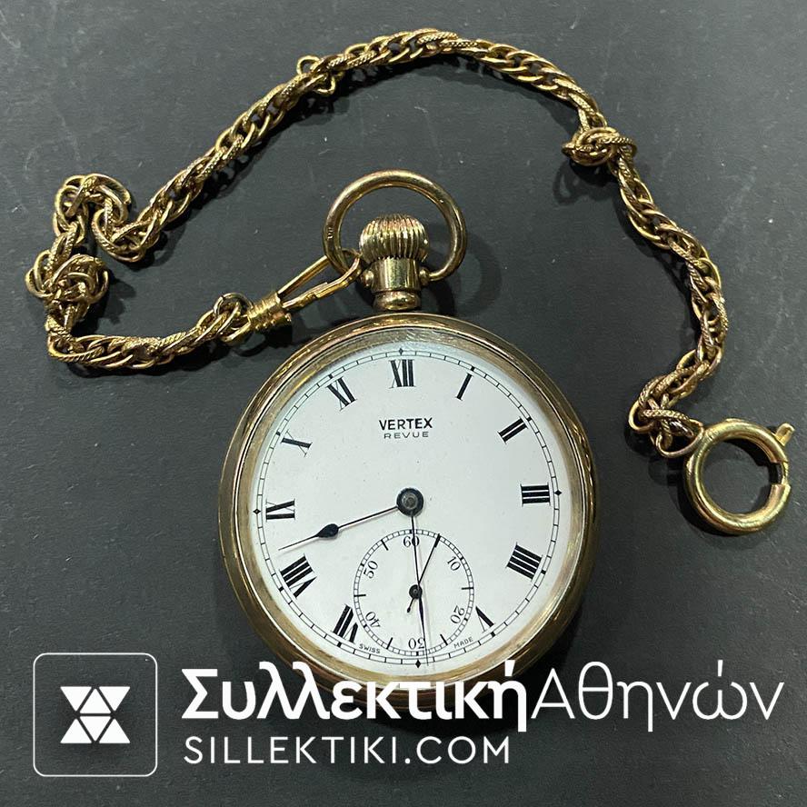 Gold plate Pocket Watch VERTEX REVUE 50 mm working